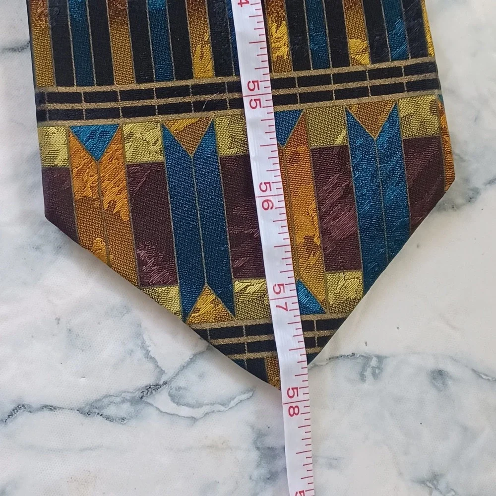 Emilio Romano Silk Tie Men Gold Teal Geometric Art Deco Handmade Italy 4 Inch